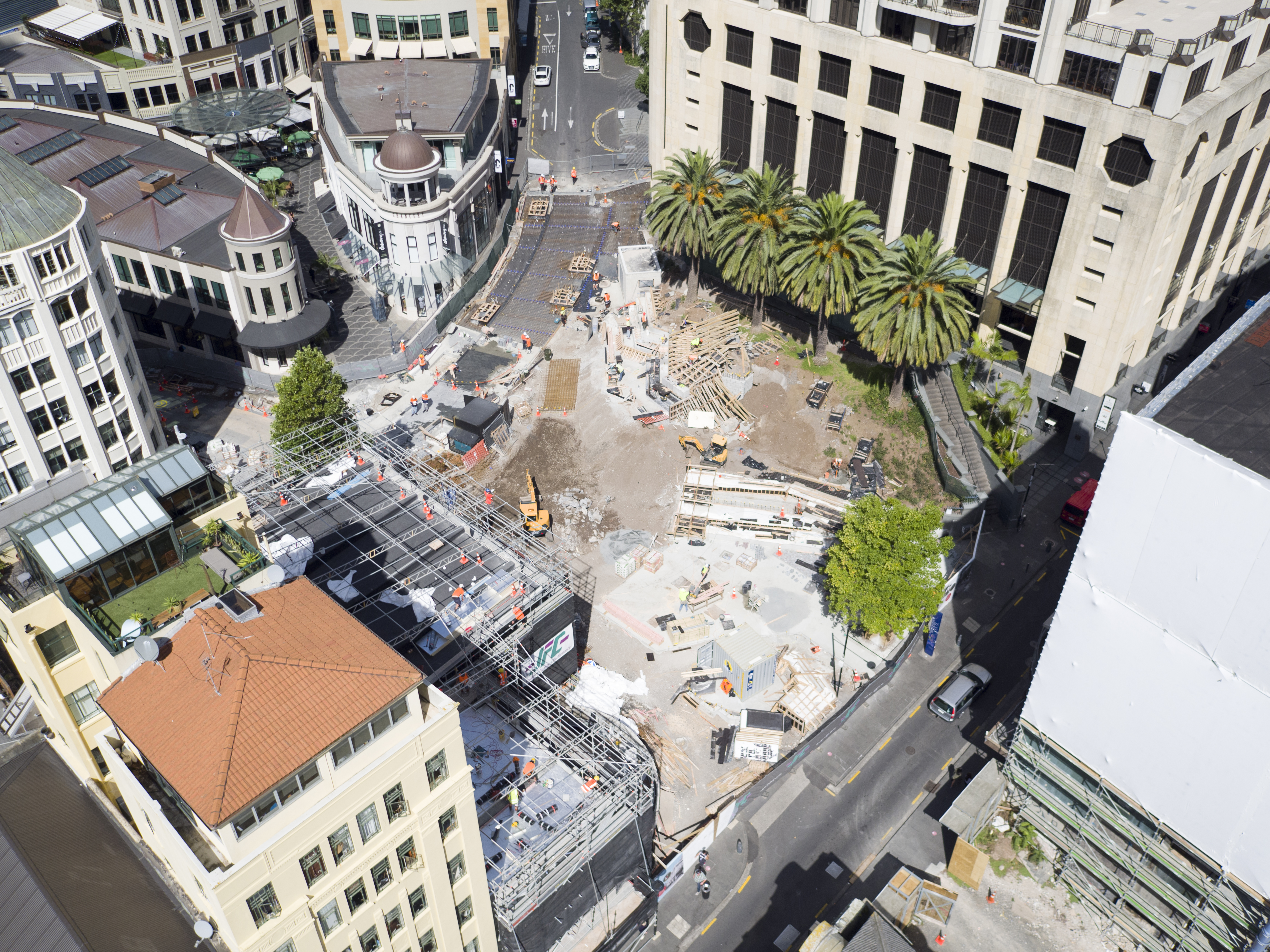 Aerial view of Ellen Melville Centre and Freyberg place construction zone in 2017